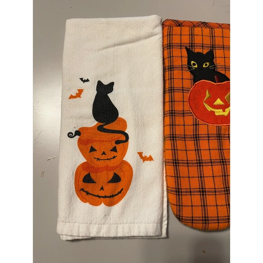 Halloween Kitchen Towel & Oven Mitt Set OS Orange Black Excellent Cat